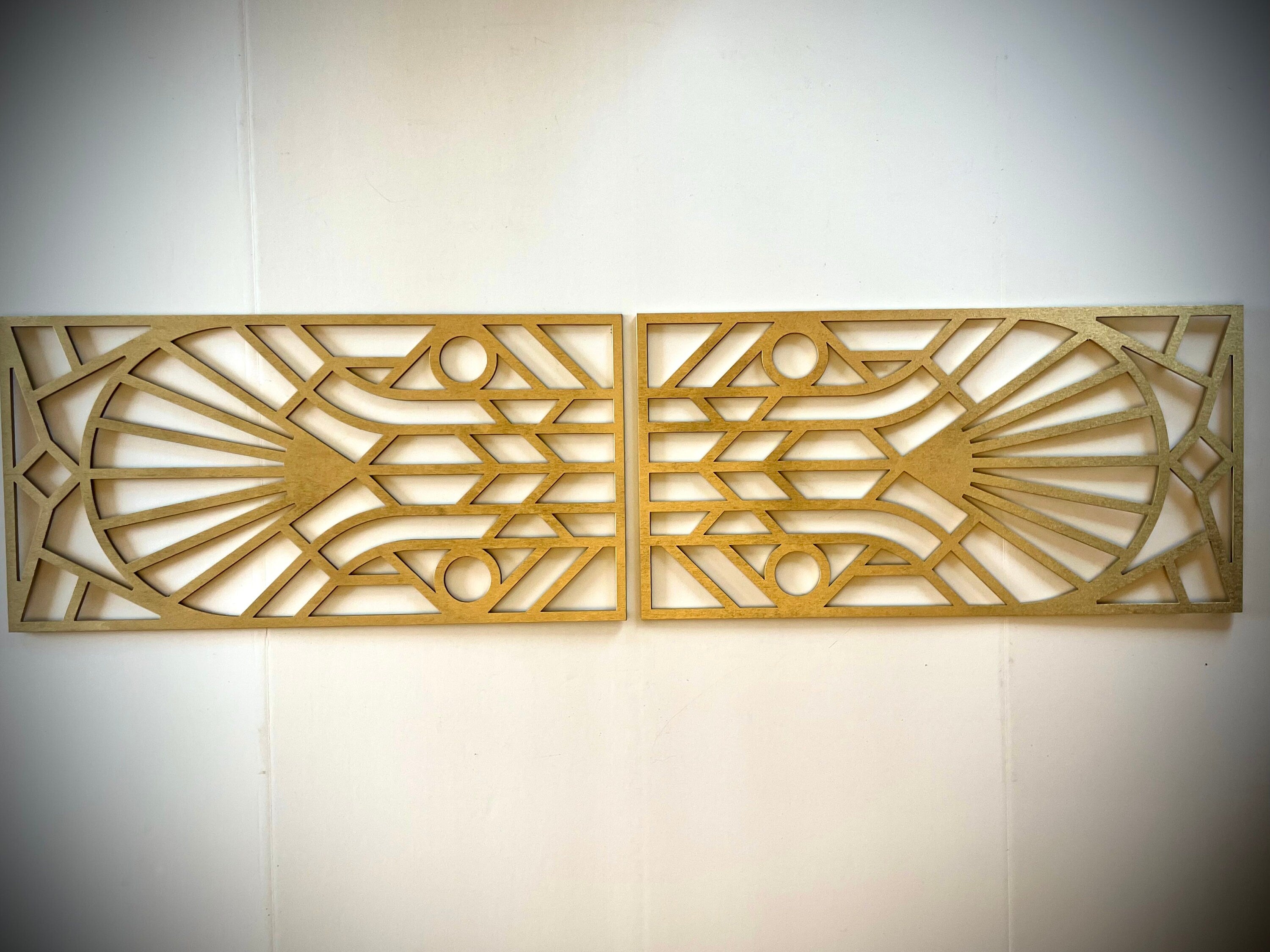 Boho Modern Frank Lloyd Wright-Inspired Art Deco Geometry 2-Panel Wood Wall Art, Set X