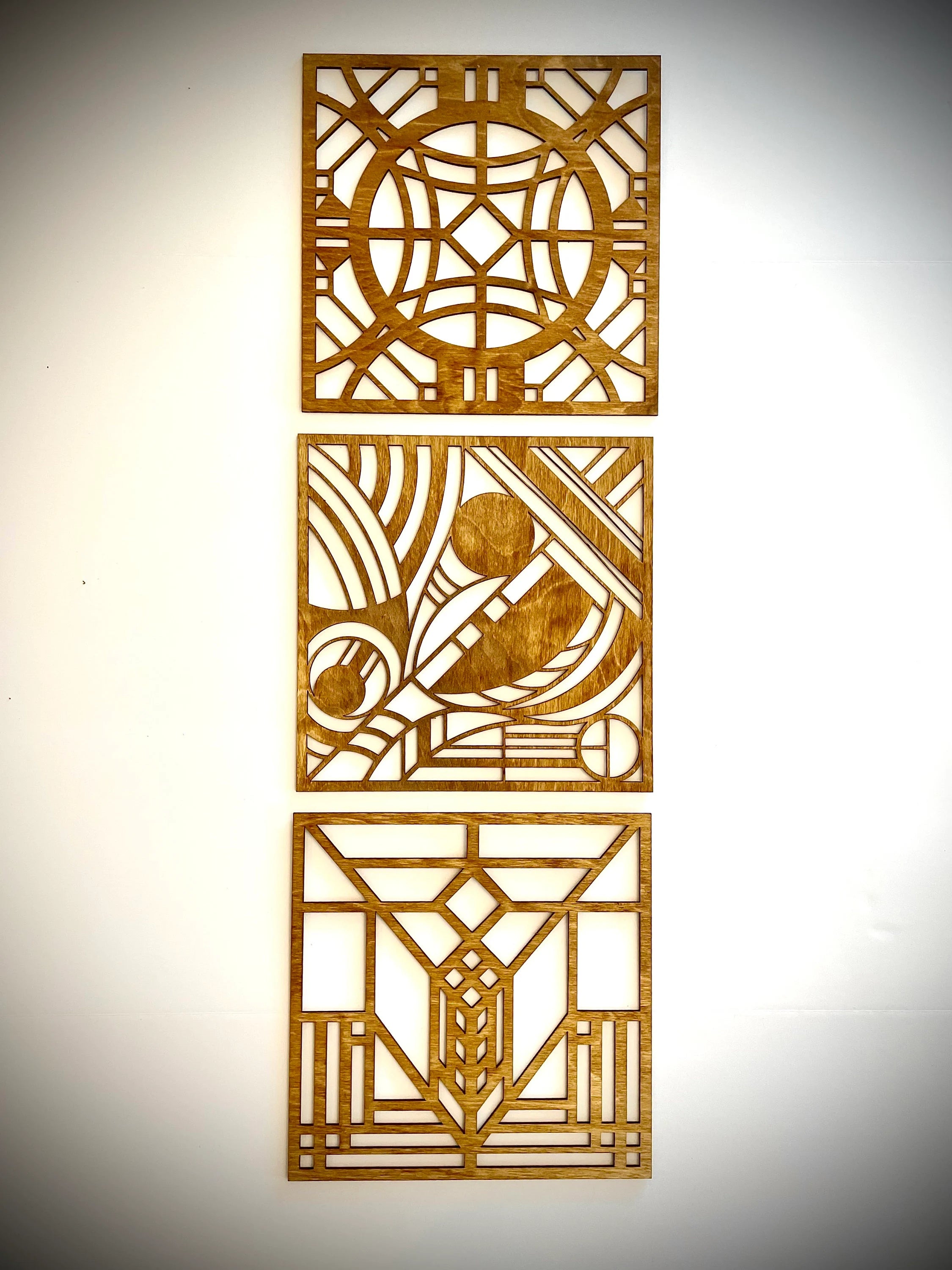 Boho Modern Frank Lloyd Wright-Inspired Art Deco Geometry 3-Panel Wood Wall Art, Set C