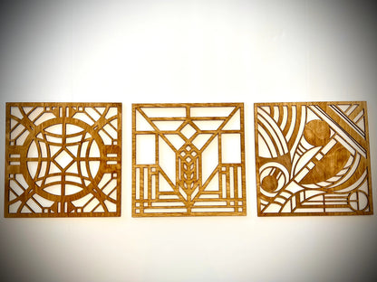 Boho Modern Frank Lloyd Wright-Inspired Art Deco Geometry 3-Panel Wood Wall Art, Set C
