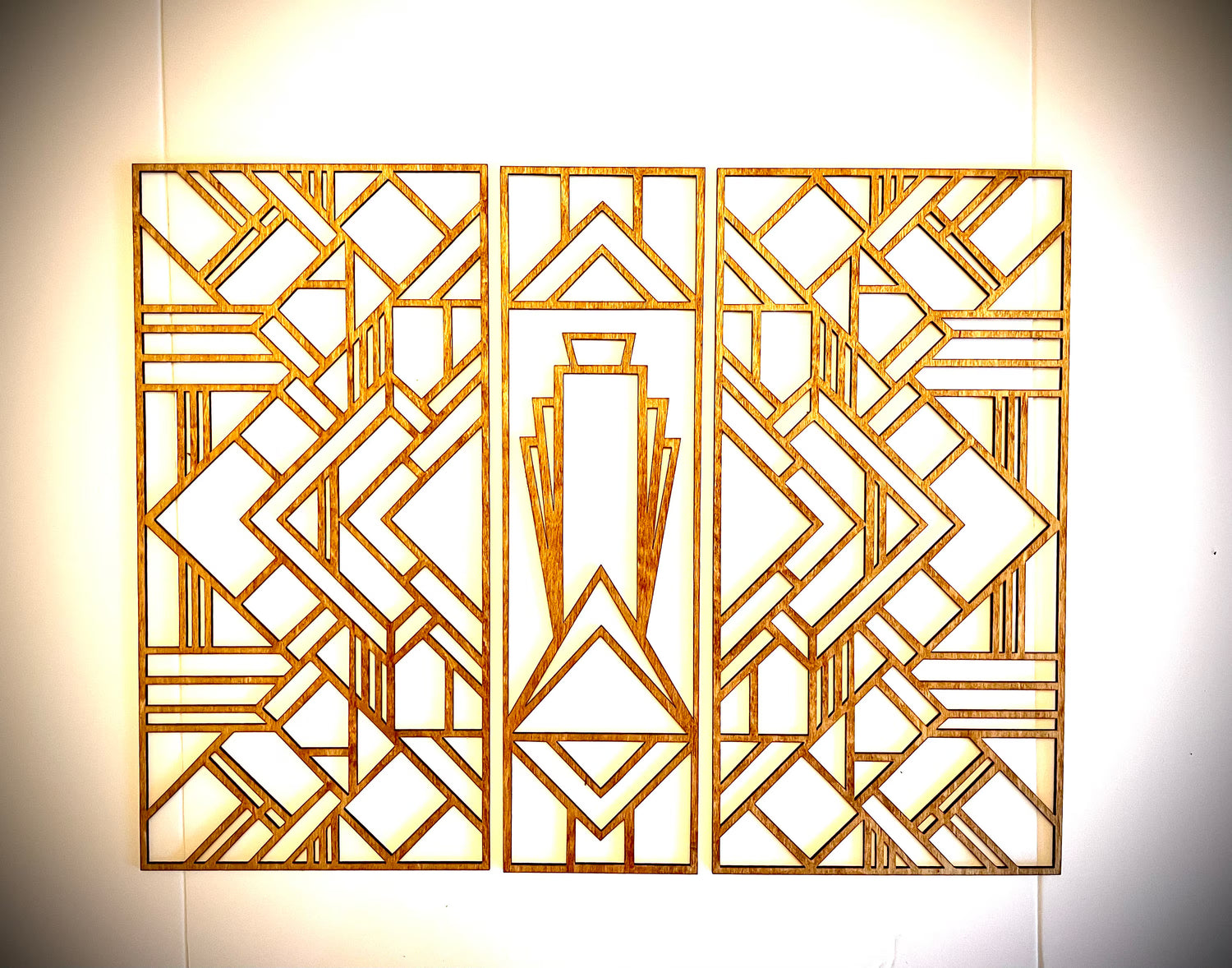 Boho Modern Frank Lloyd Wright-Inspired Art Deco Geometry 3-Panel Wood Wall Art, Set H
