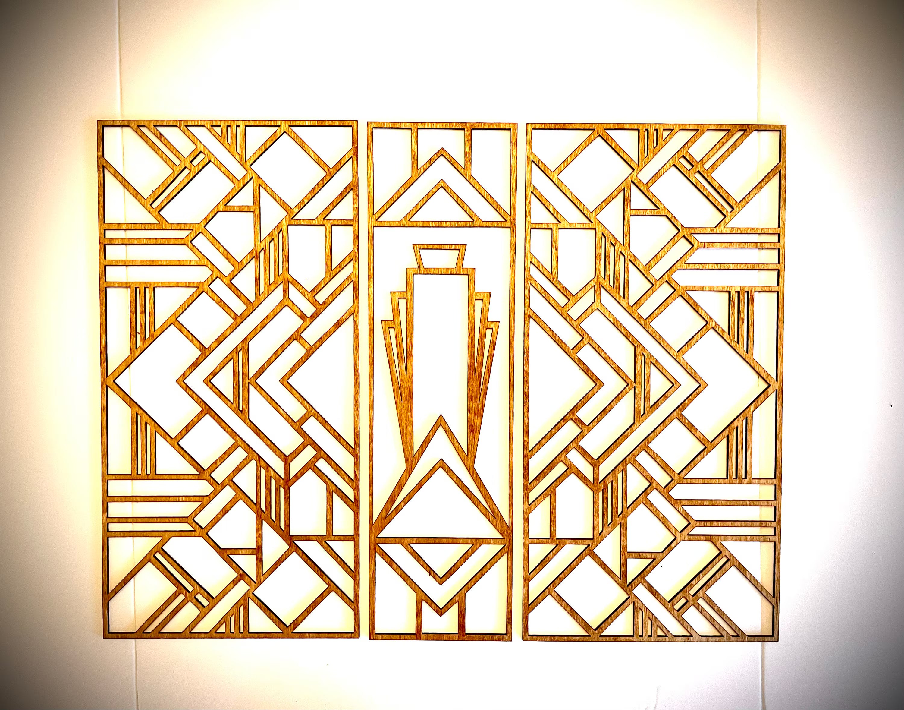 Boho Modern Frank Lloyd Wright-Inspired Art Deco Geometry 3-Panel Wood Wall Art, Set H