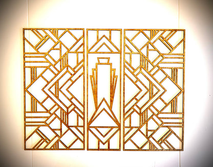 Boho Modern Frank Lloyd Wright-Inspired Art Deco Geometry 3-Panel Wood Wall Art, Set H