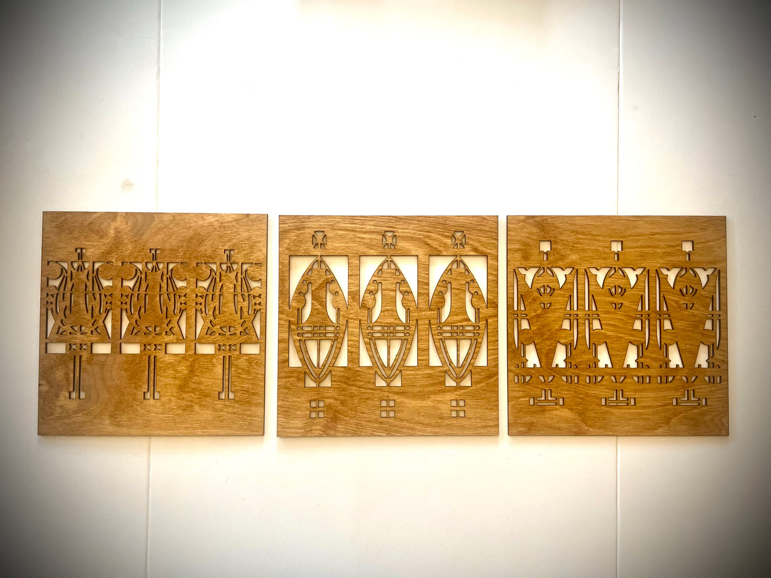 Boho Modern Frank Lloyd Wright-Inspired Art Deco Geometry 3-Panel Wood Wall Art, Set L