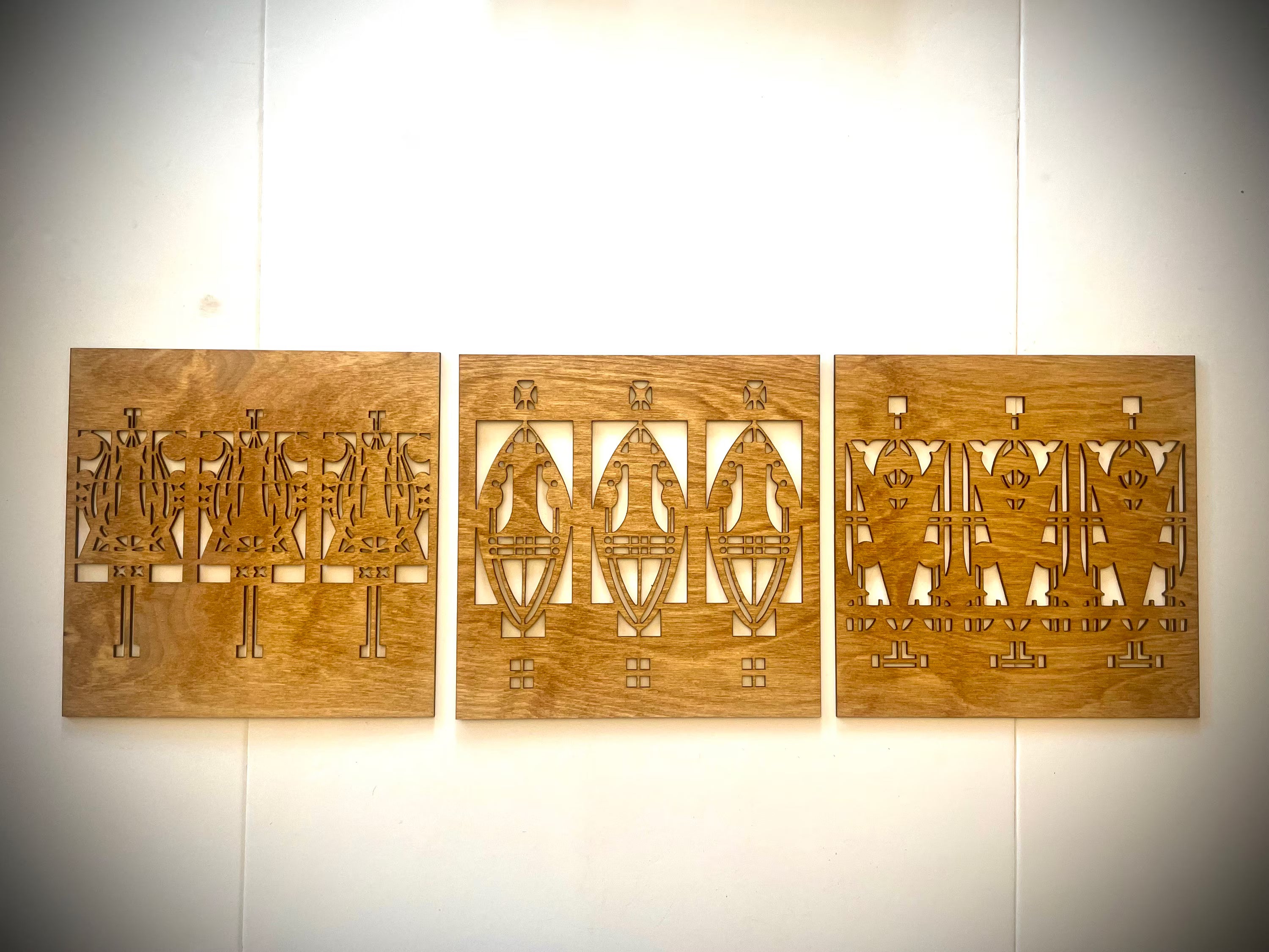 Boho Modern Frank Lloyd Wright-Inspired Art Deco Geometry 3-Panel Wood Wall Art, Set L