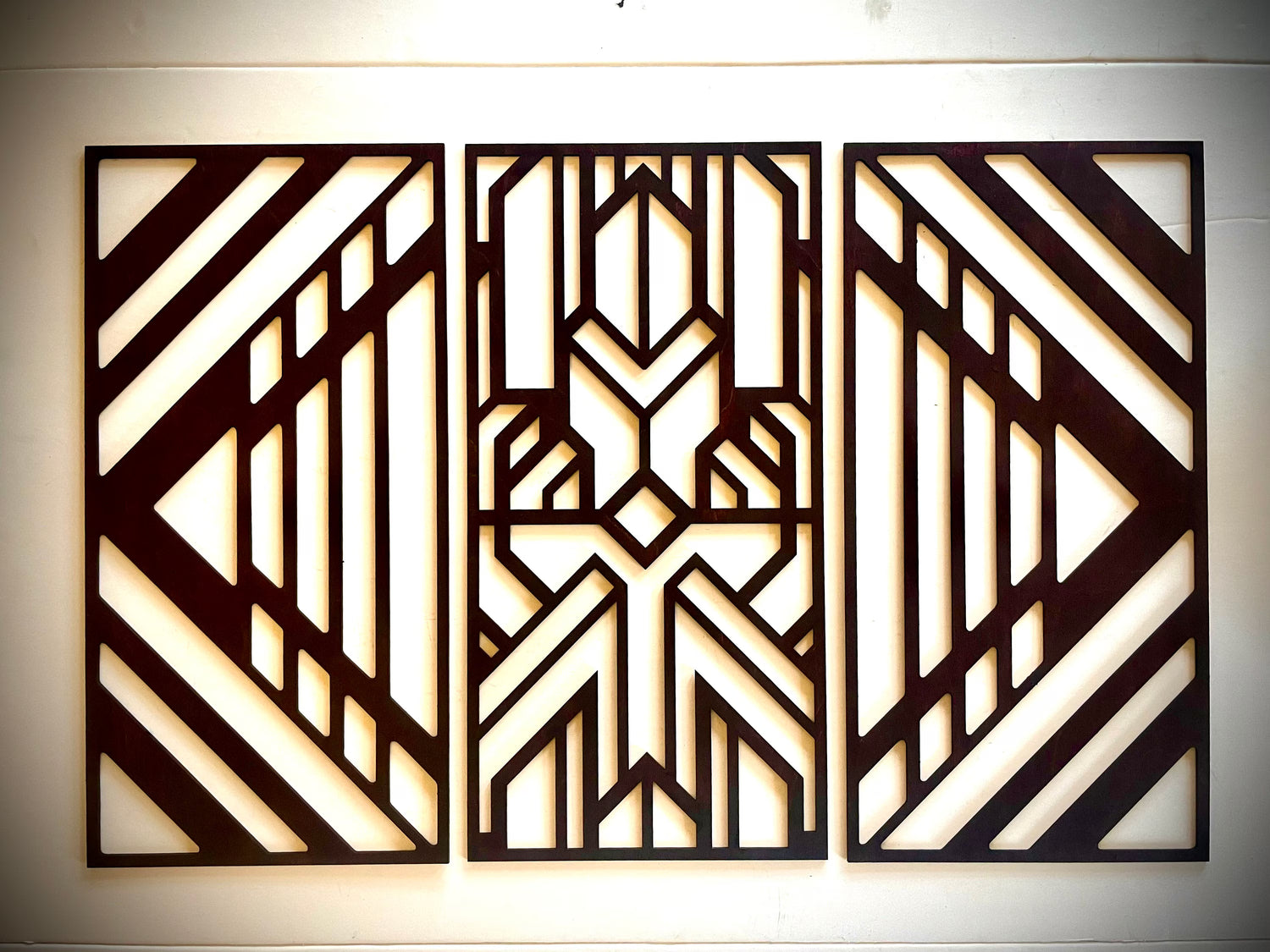 Boho Modern Frank Lloyd Wright-Inspired Art Deco Geometry 3-Panel Wood Wall Art, Set M