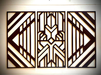 Boho Modern Frank Lloyd Wright-Inspired Art Deco Geometry 3-Panel Wood Wall Art, Set M