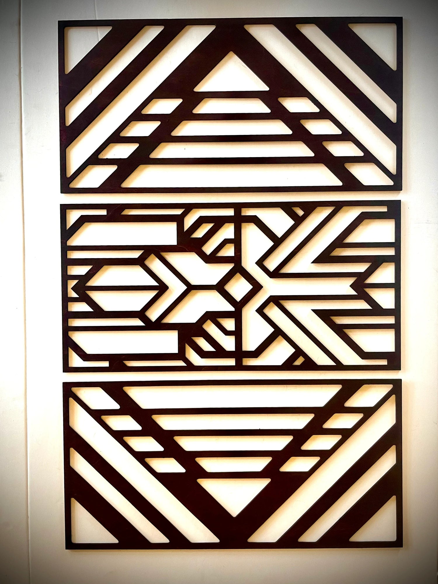 Boho Modern Frank Lloyd Wright-Inspired Art Deco Geometry 3-Panel Wood Wall Art, Set M