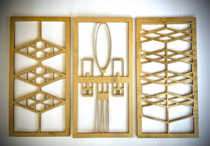 Boho Modern Frank Lloyd Wright-Inspired Art Deco Geometry 3-Panel Wood Wall Art, Set S