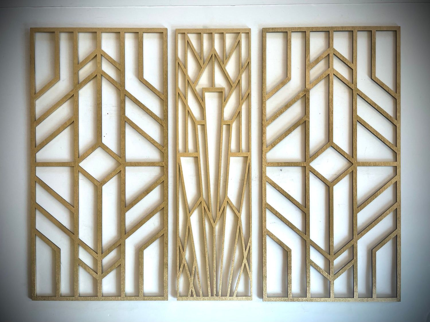 Boho Modern Frank Lloyd Wright-Inspired Art Deco Geometry 3-Panel Wood Wall Art, Set U