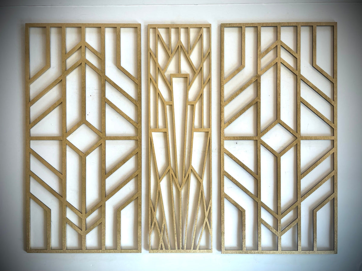 Boho Modern Frank Lloyd Wright-Inspired Art Deco Geometry 3-Panel Wood Wall Art, Set U - Mid Century Modern Gal