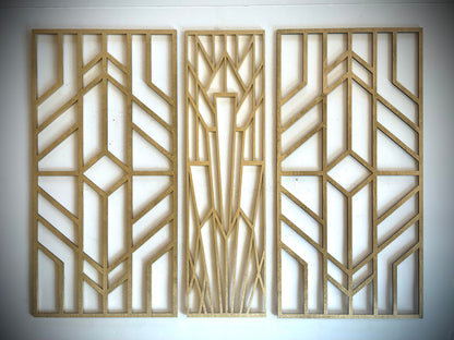 Boho Modern Frank Lloyd Wright-Inspired Art Deco Geometry 3-Panel Wood Wall Art, Set U