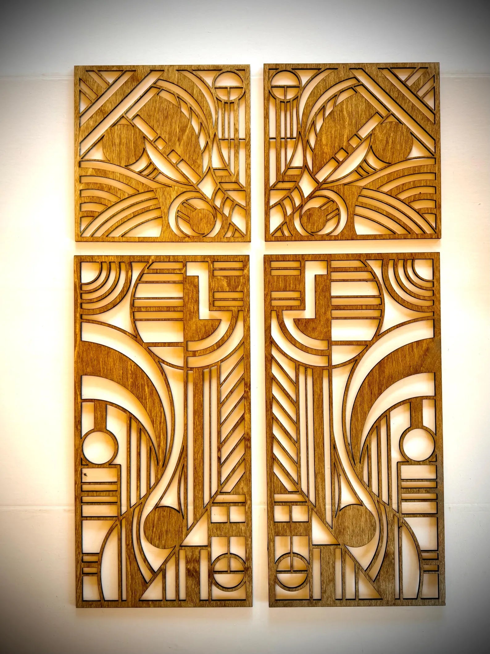 Boho Modern Frank Lloyd Wright-Inspired Art Deco Geometry 4-Panel Wood Wall Art