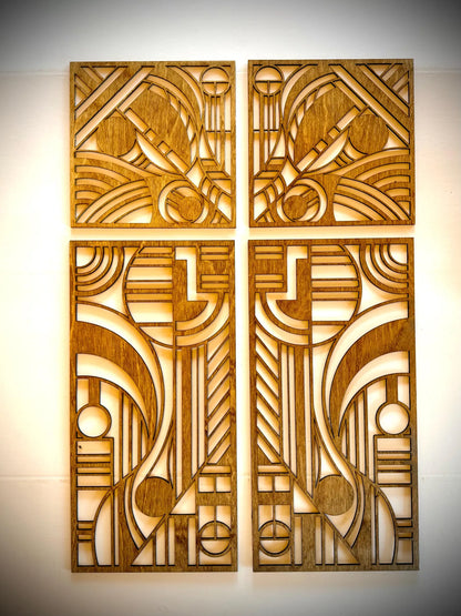 Boho Modern Frank Lloyd Wright-Inspired Art Deco Geometry 4-Panel Wood Wall Art