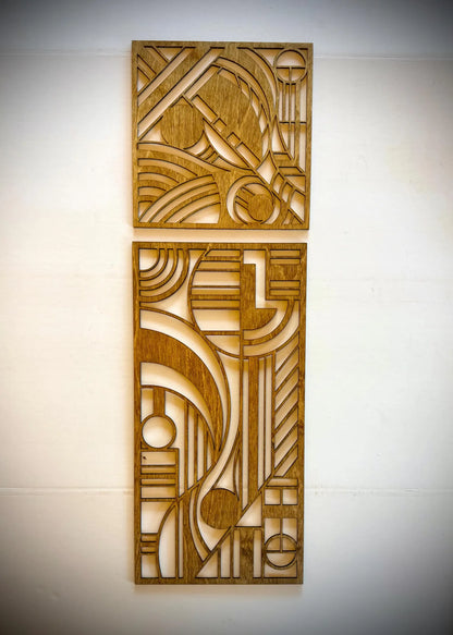 Boho Modern Frank Lloyd Wright-Inspired Art Deco Geometry 4-Panel Wood Wall Art