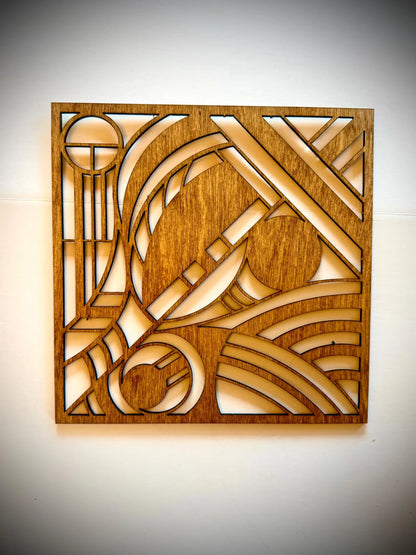 Boho Modern Frank Lloyd Wright-Inspired Art Deco Geometry 4-Panel Wood Wall Art