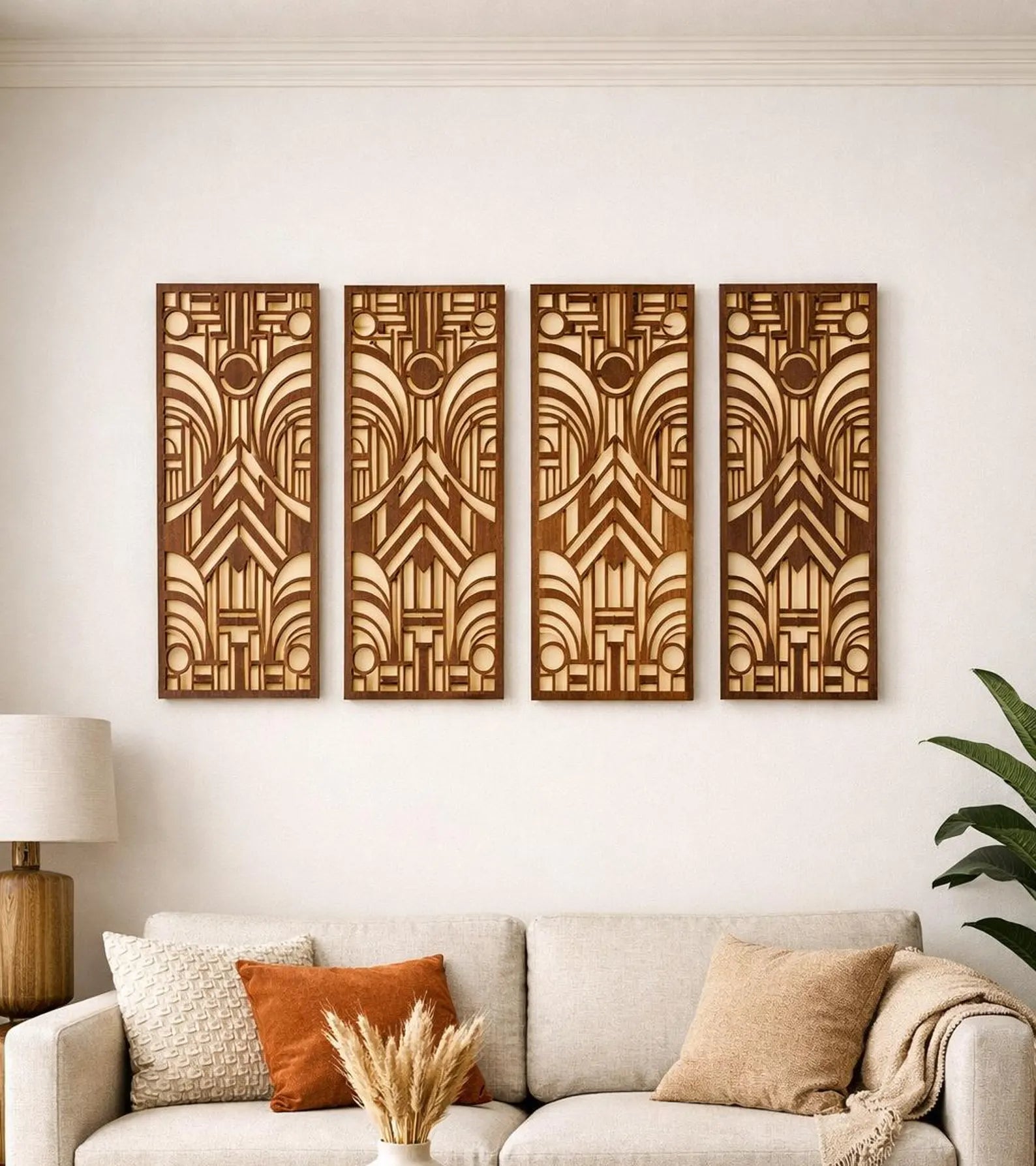 Boho Modern Frank Lloyd Wright-Inspired Art Deco Geometry 4-Panel Wood Wall Art, Set AA