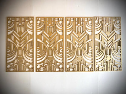 Boho Modern Frank Lloyd Wright-Inspired Art Deco Geometry 4-Panel Wood Wall Art, Set AA