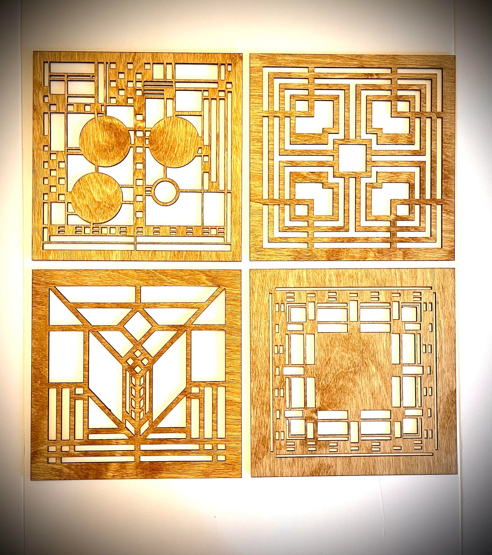 Boho Modern Frank Lloyd Wright-Inspired Art Deco Geometry 4-Panel Wood Wall Art, Set F