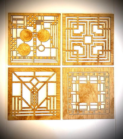 Boho Modern Frank Lloyd Wright-Inspired Art Deco Geometry 4-Panel Wood Wall Art, Set F
