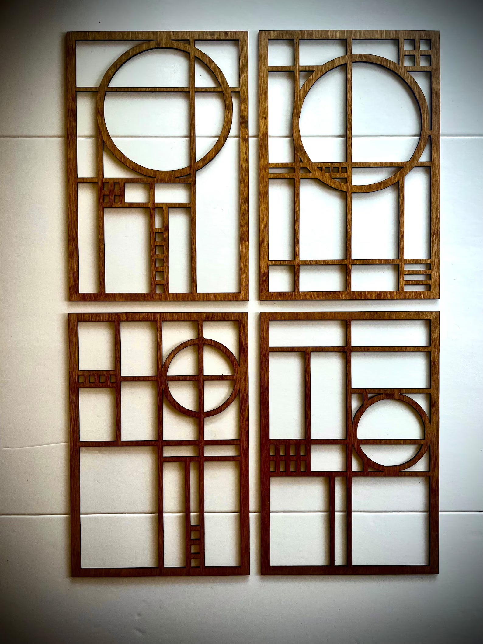 Boho Modern Frank Lloyd Wright-Inspired Art Deco Geometry 4-Panel Wood Wall Art, Set K