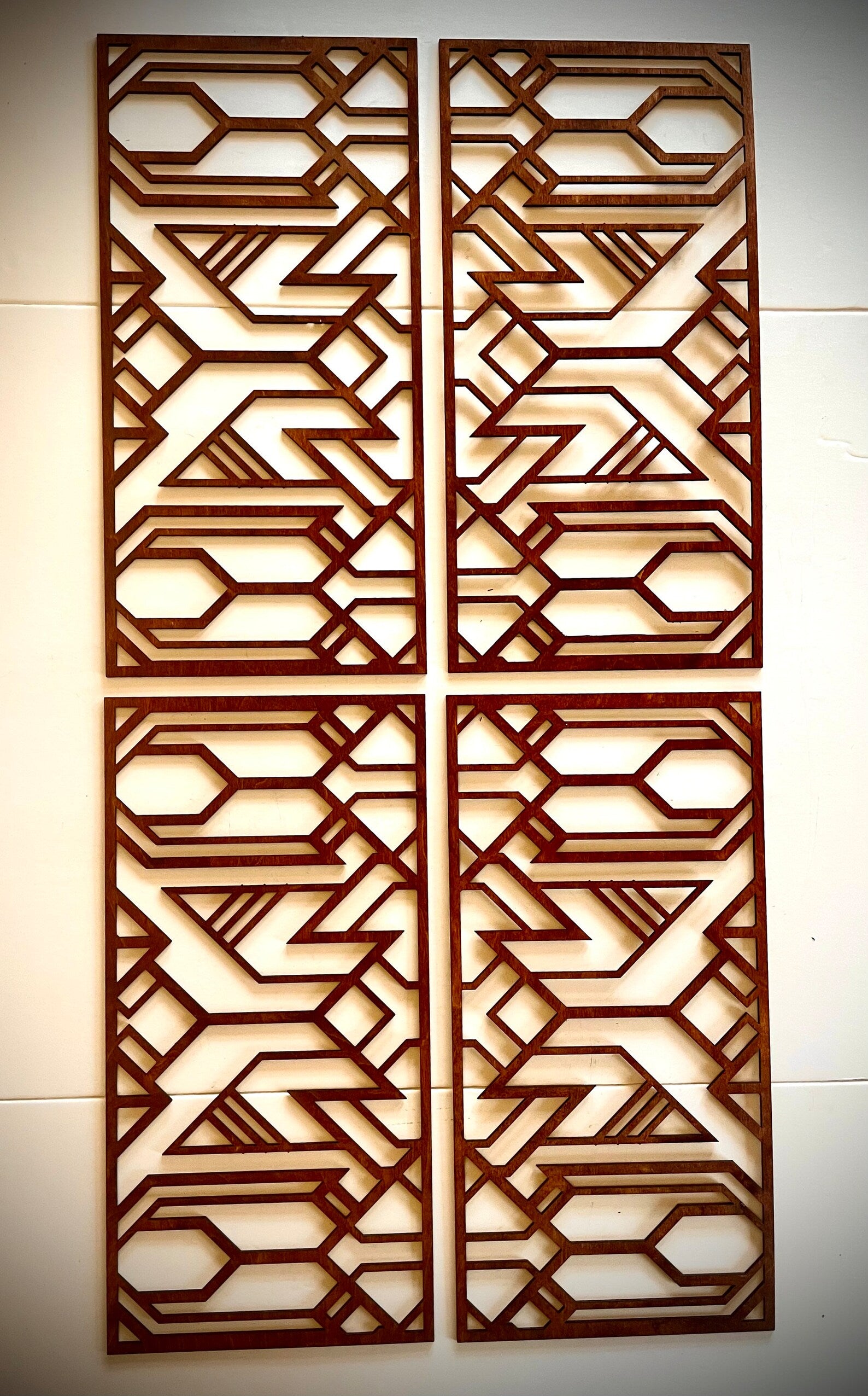 Boho Modern Frank Lloyd Wright-Inspired Art Deco Geometry 4-Panel Wood Wall Art, Set N
