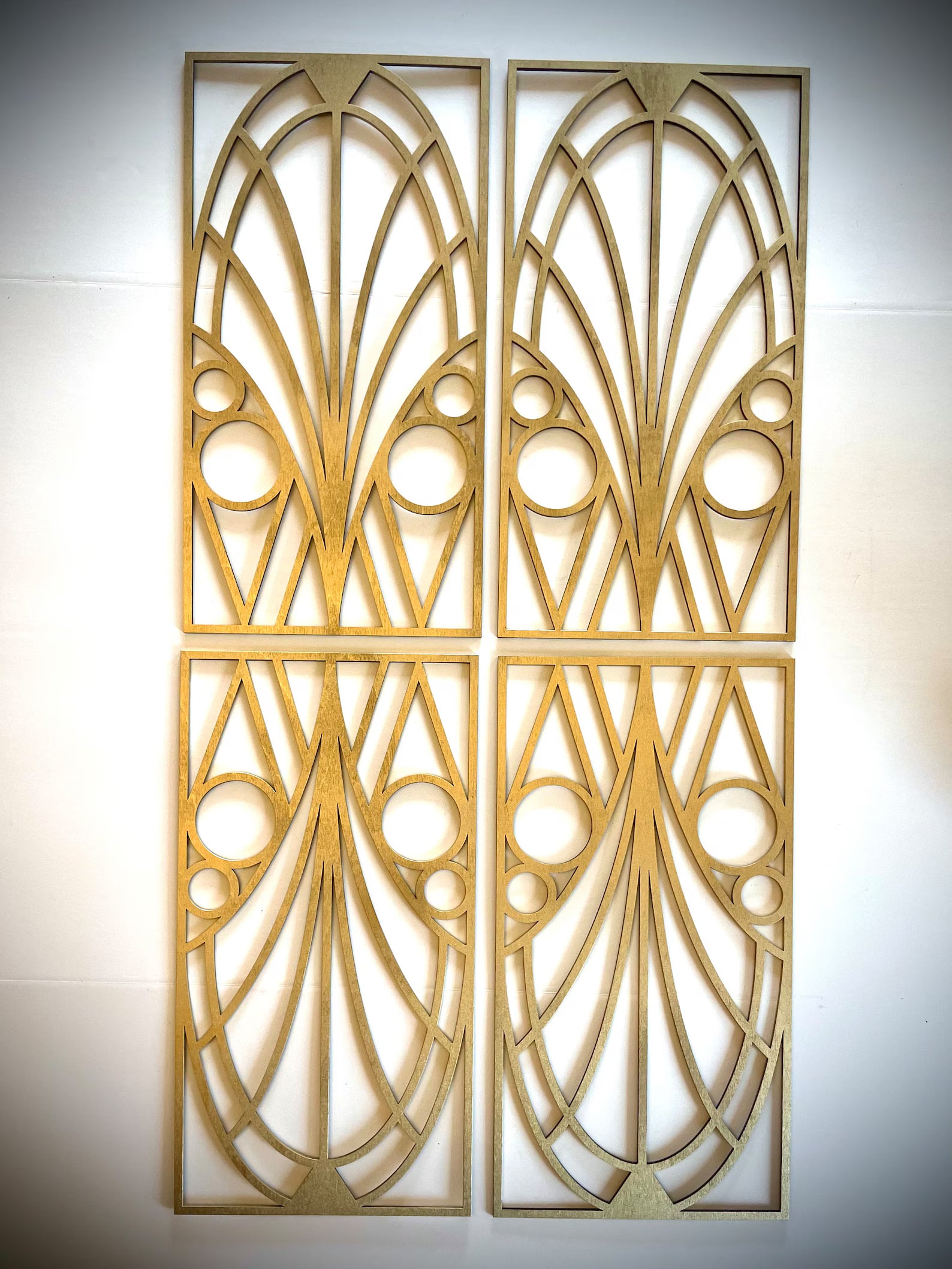 Boho Modern Frank Lloyd Wright-Inspired Art Deco Geometry 4-Panel Wood Wall Art, Set Y