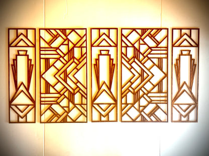 Boho Modern Frank Lloyd Wright-Inspired Art Deco Geometry 5-Panel Wood Wall Art, Set H
