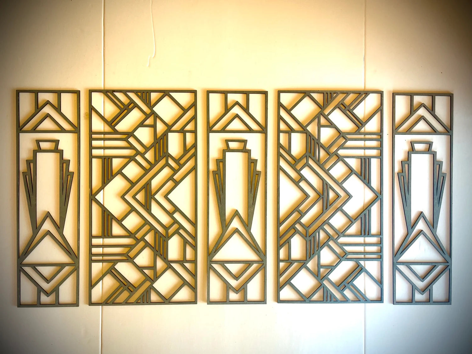 Boho Modern Frank Lloyd Wright-Inspired Art Deco Geometry 5-Panel Wood Wall Art, Set H