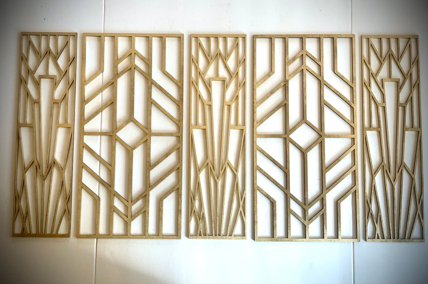 Boho Modern Frank Lloyd Wright-Inspired Art Deco Geometry 5-Panel Wood Wall Art, Set U