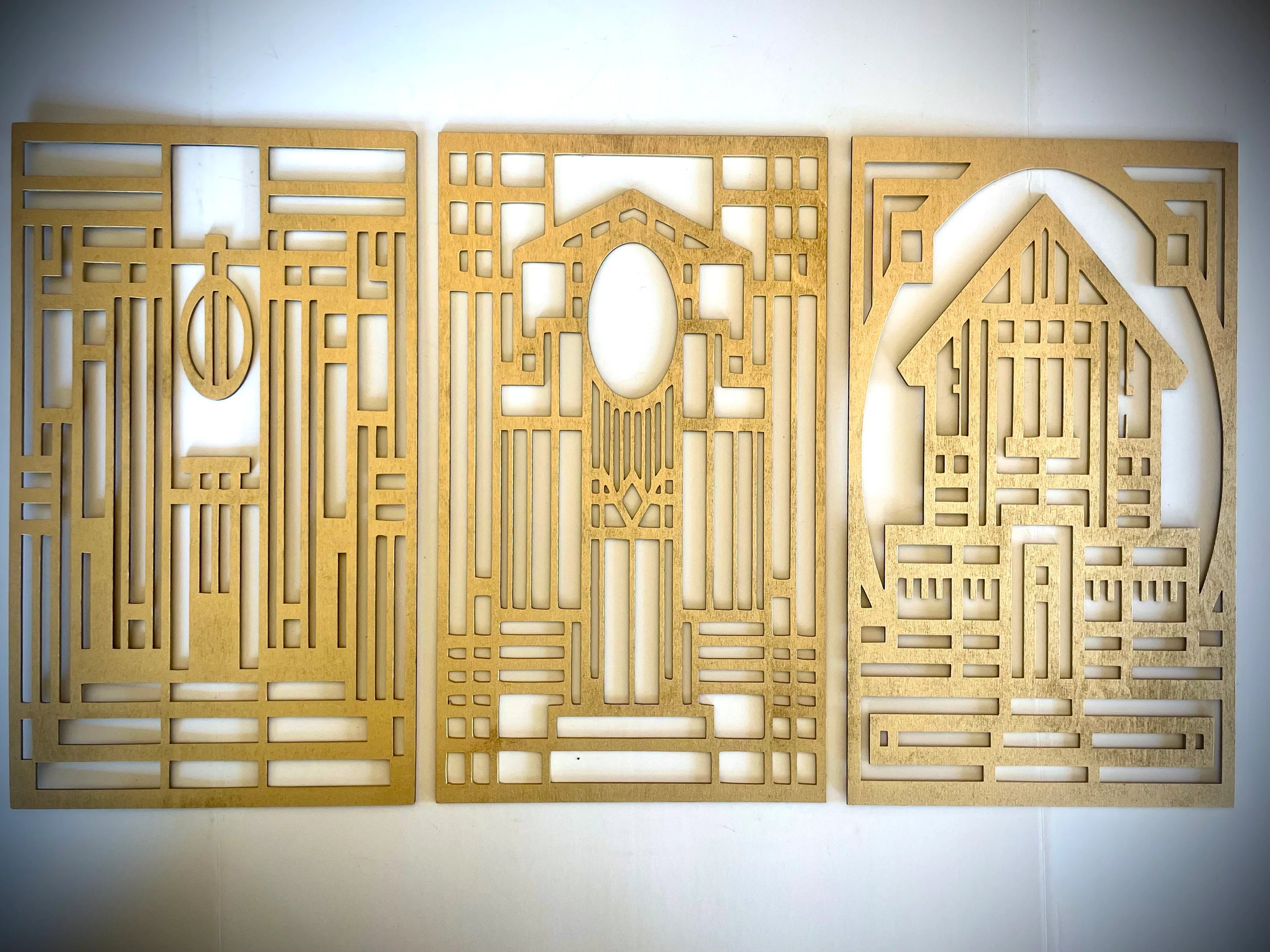 Boho Modern Frank Lloyd Wright-Inspired Art Deco Houses 3-Panel Wood Wall Art, Set AB