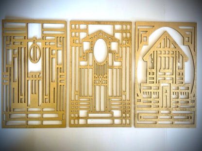 Boho Modern Frank Lloyd Wright-Inspired Art Deco Houses 3-Panel Wood Wall Art, Set AB