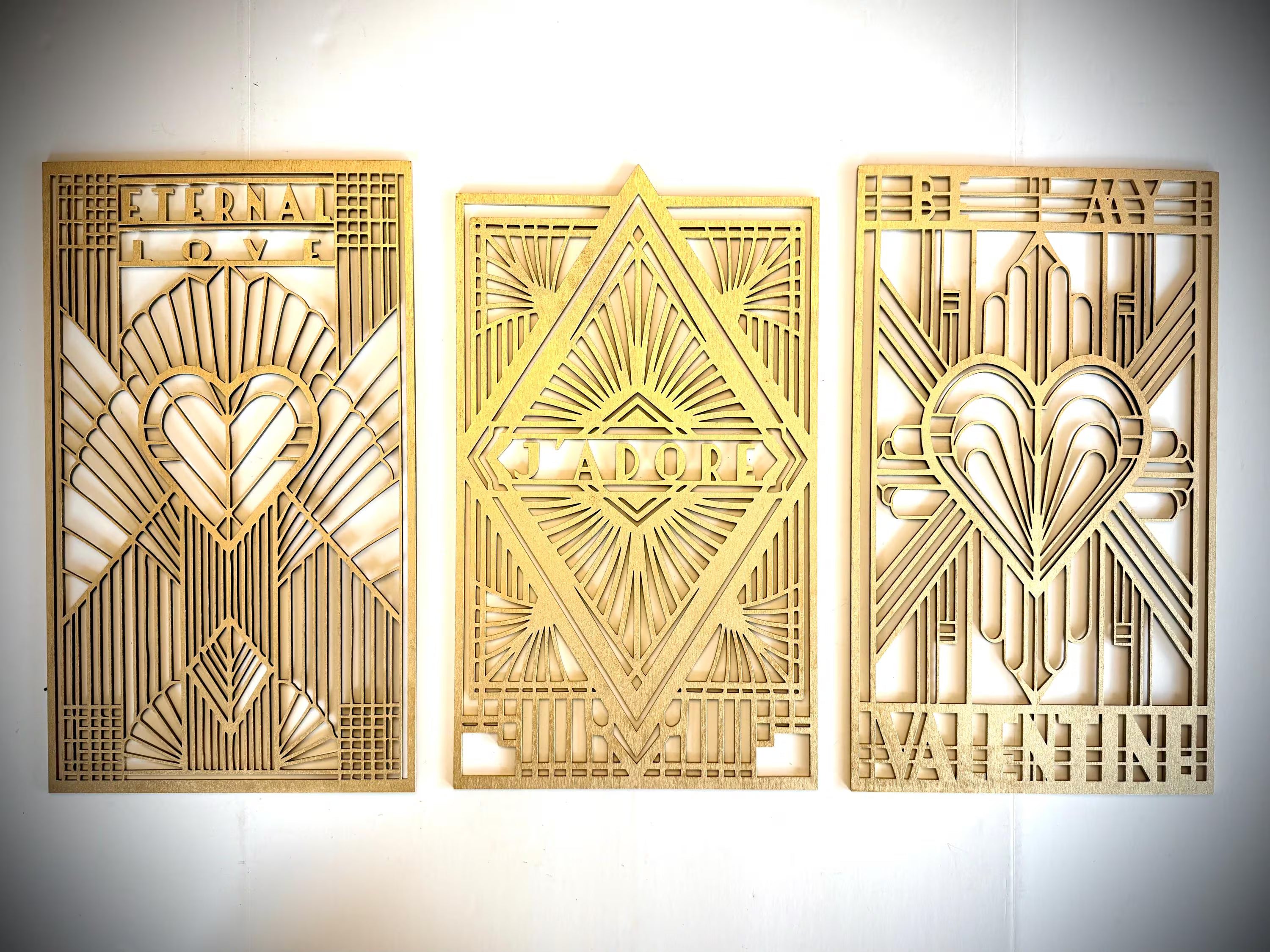 Boho Modern Frank Lloyd Wright-Inspired Art Deco Love Themed 3-Panel Wood Wall Art