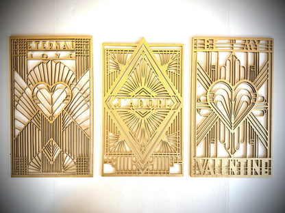 Boho Modern Frank Lloyd Wright-Inspired Art Deco Love Themed 3-Panel Wood Wall Art