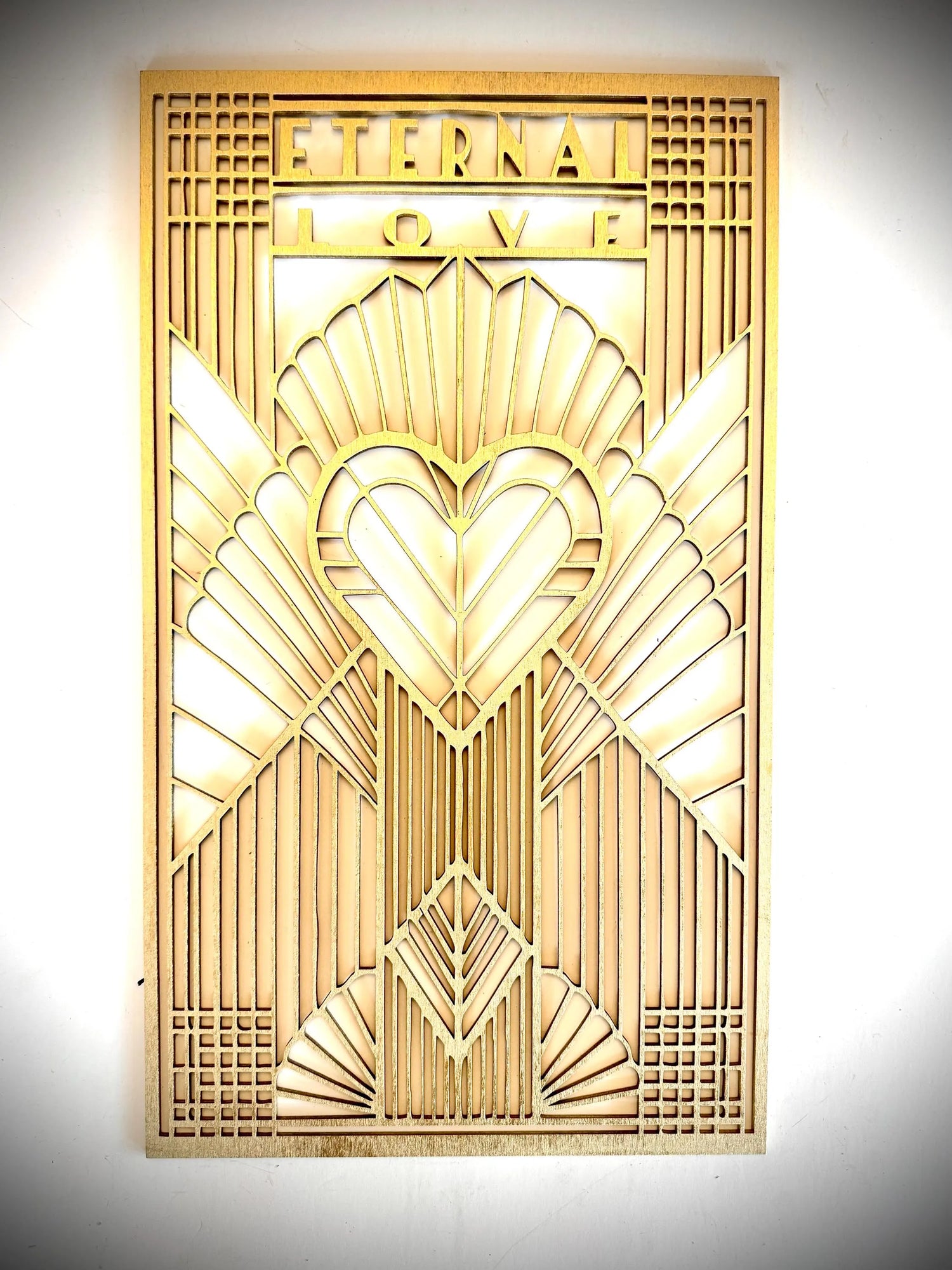 Boho Modern Frank Lloyd Wright-Inspired Art Deco Love Themed 3-Panel Wood Wall Art