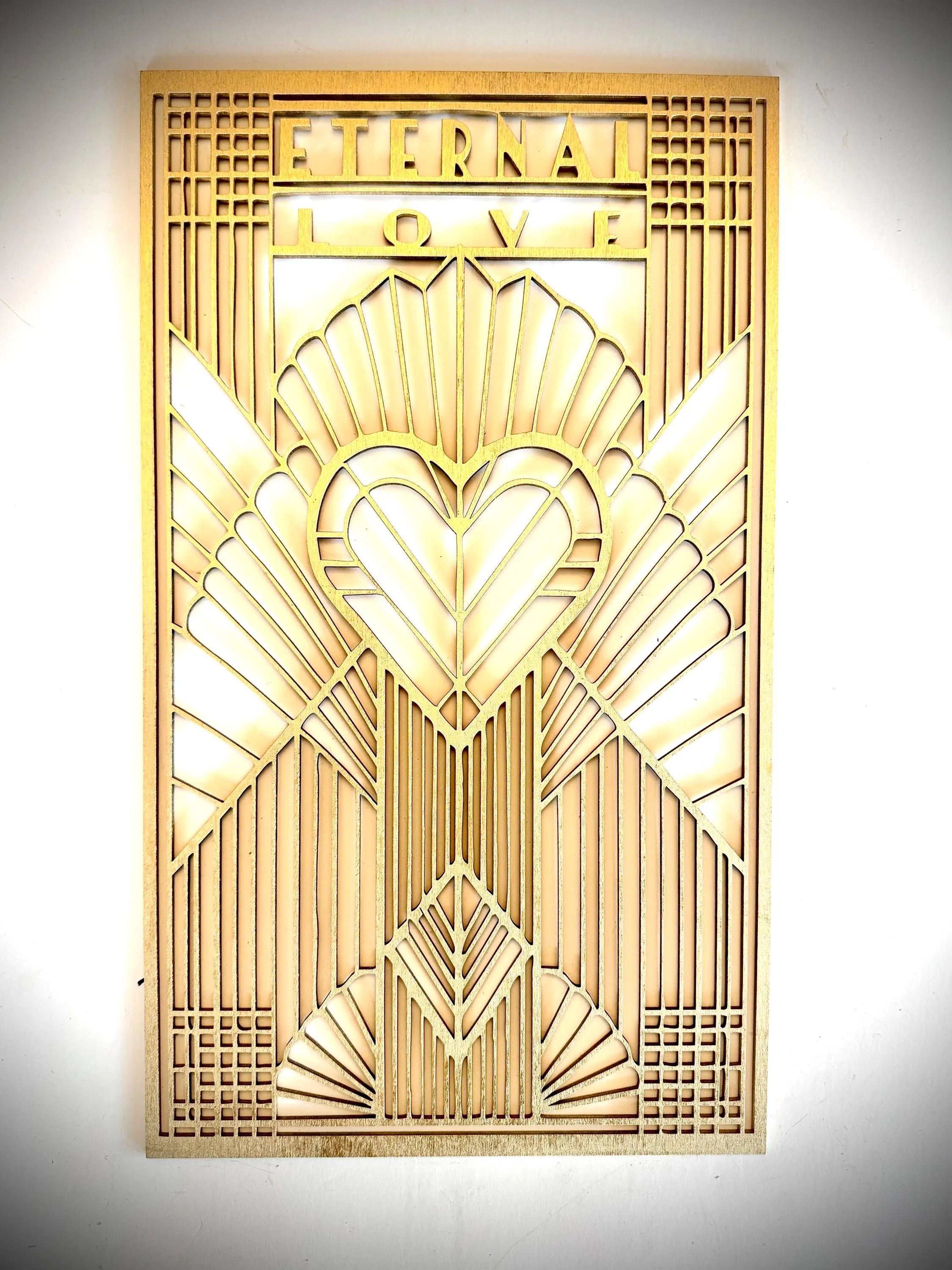 Boho Modern Frank Lloyd Wright-Inspired Art Deco Love Themed 3-Panel Wood Wall Art