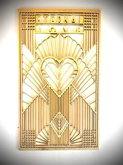 Boho Modern Frank Lloyd Wright-Inspired Art Deco Love Themed 3-Panel Wood Wall Art