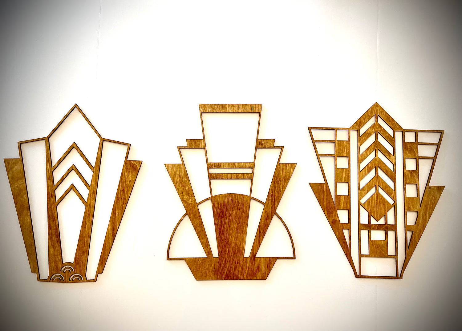 Boho Modern Frank Lloyd Wright-Inspired Art Deco Marquees 3-Panel Wood Wall Art