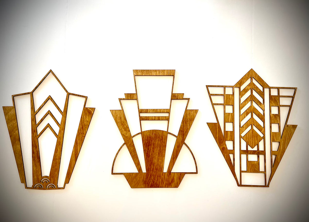 Boho Modern Frank Lloyd Wright-Inspired Art Deco Marquees 3-Panel Wood Wall Art - Mid Century Modern Gal