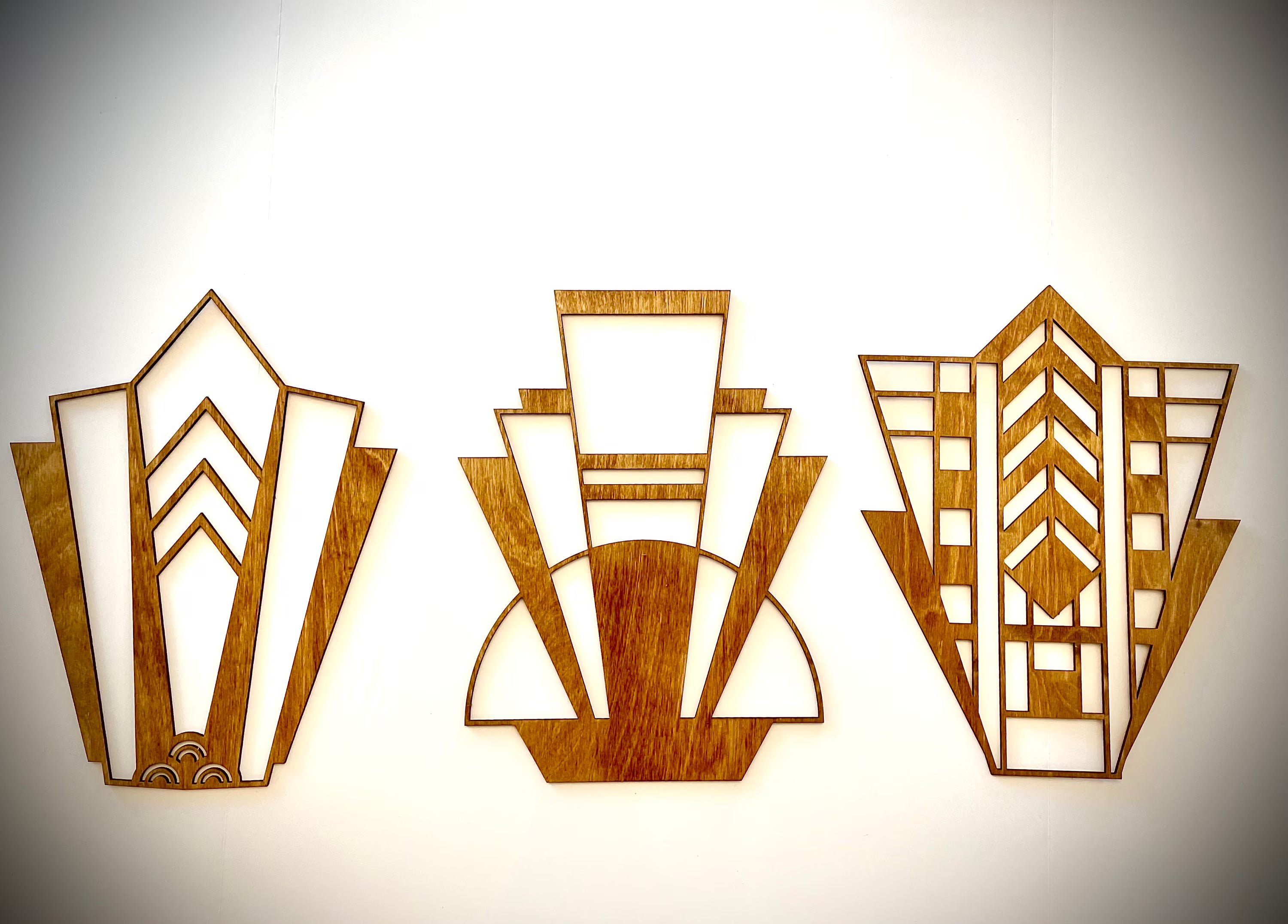 Boho Modern Frank Lloyd Wright-Inspired Art Deco Marquees 3-Panel Wood Wall Art