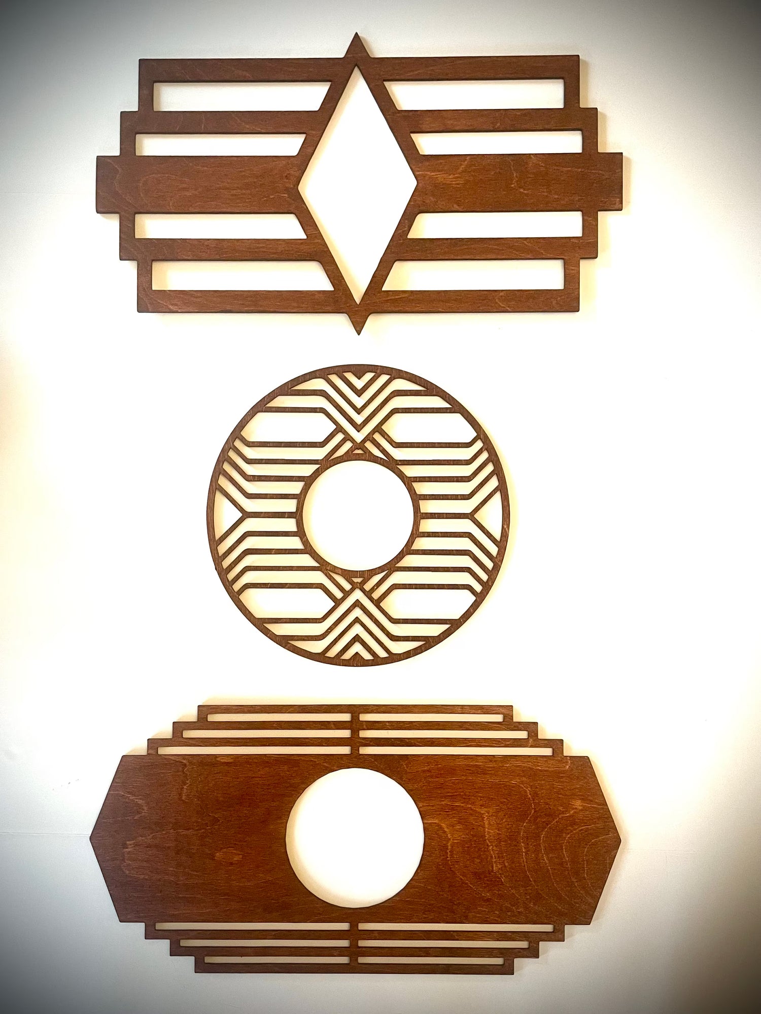 Boho Modern Frank Lloyd Wright-Inspired Art Deco Marquees 3-Panel Wood Wall Art, Set B