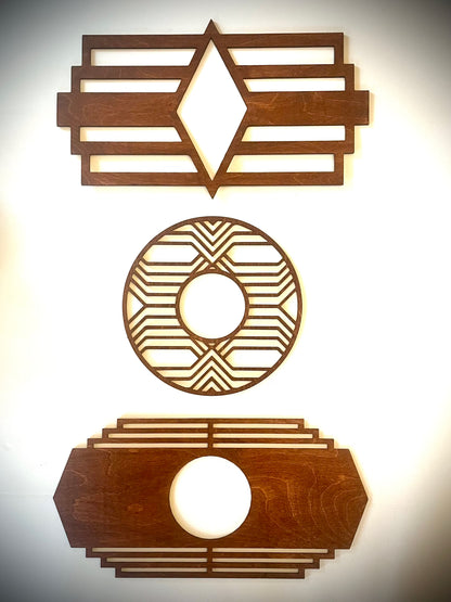 Boho Modern Frank Lloyd Wright-Inspired Art Deco Marquees 3-Panel Wood Wall Art, Set B