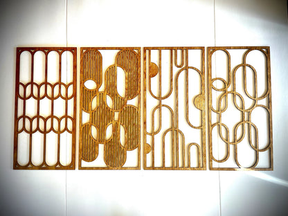 Boho Modern Frank Lloyd Wright-Inspired Art Deco Ovals 4-Panel Wood Wall Art, Set R