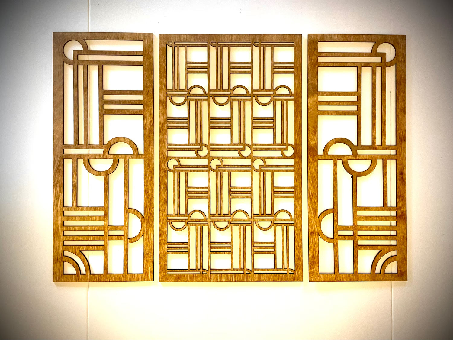 Boho Modern Frank Lloyd Wright-Inspired Art Deco Semi Circles 3-Panel Wood Wall Art, Set Q