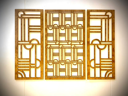 Boho Modern Frank Lloyd Wright-Inspired Art Deco Semi Circles 3-Panel Wood Wall Art, Set Q
