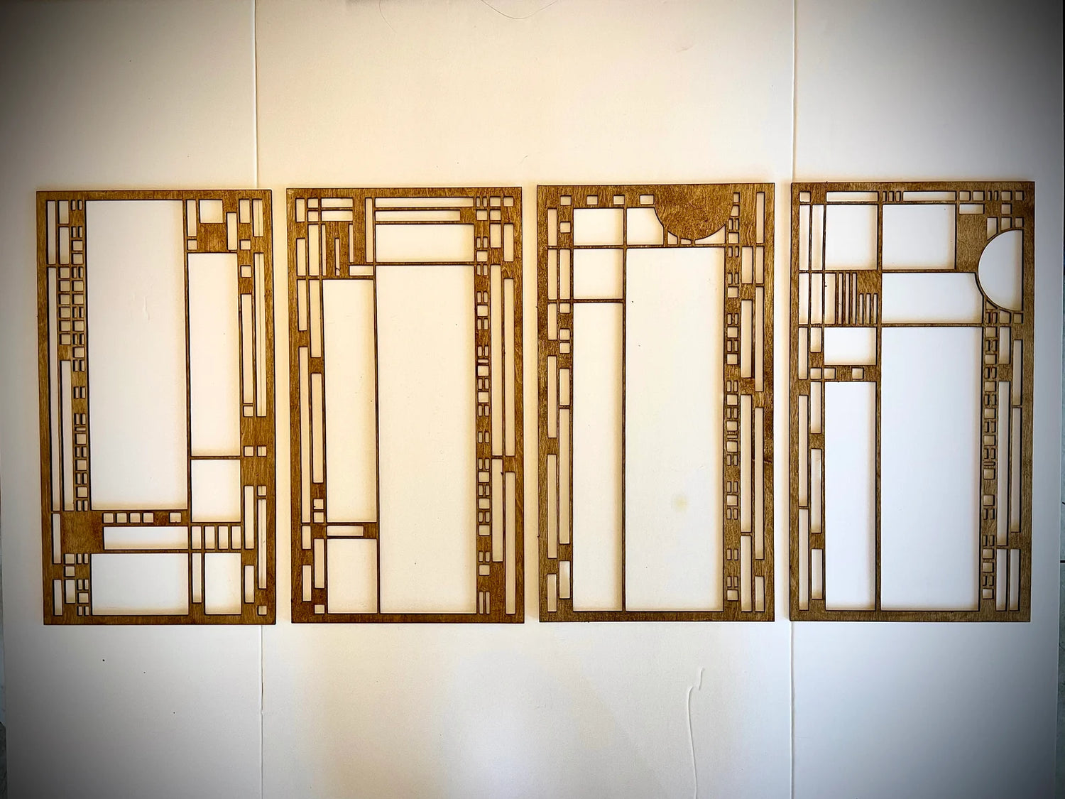 Boho Modern Frank Lloyd Wright-Inspired Art Deco Stained Glass 4-Panel Wood Wall Art, Set J