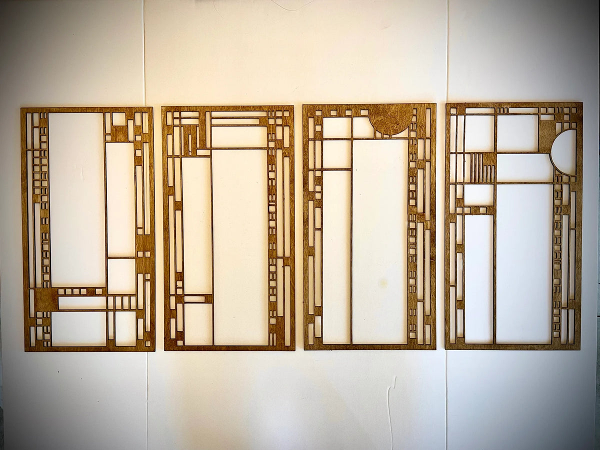 Boho Modern Frank Lloyd Wright-Inspired Art Deco Stained Glass 4-Panel Wood Wall Art, Set J - Mid Century Modern Gal