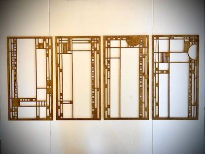 Boho Modern Frank Lloyd Wright-Inspired Art Deco Stained Glass 4-Panel Wood Wall Art, Set J