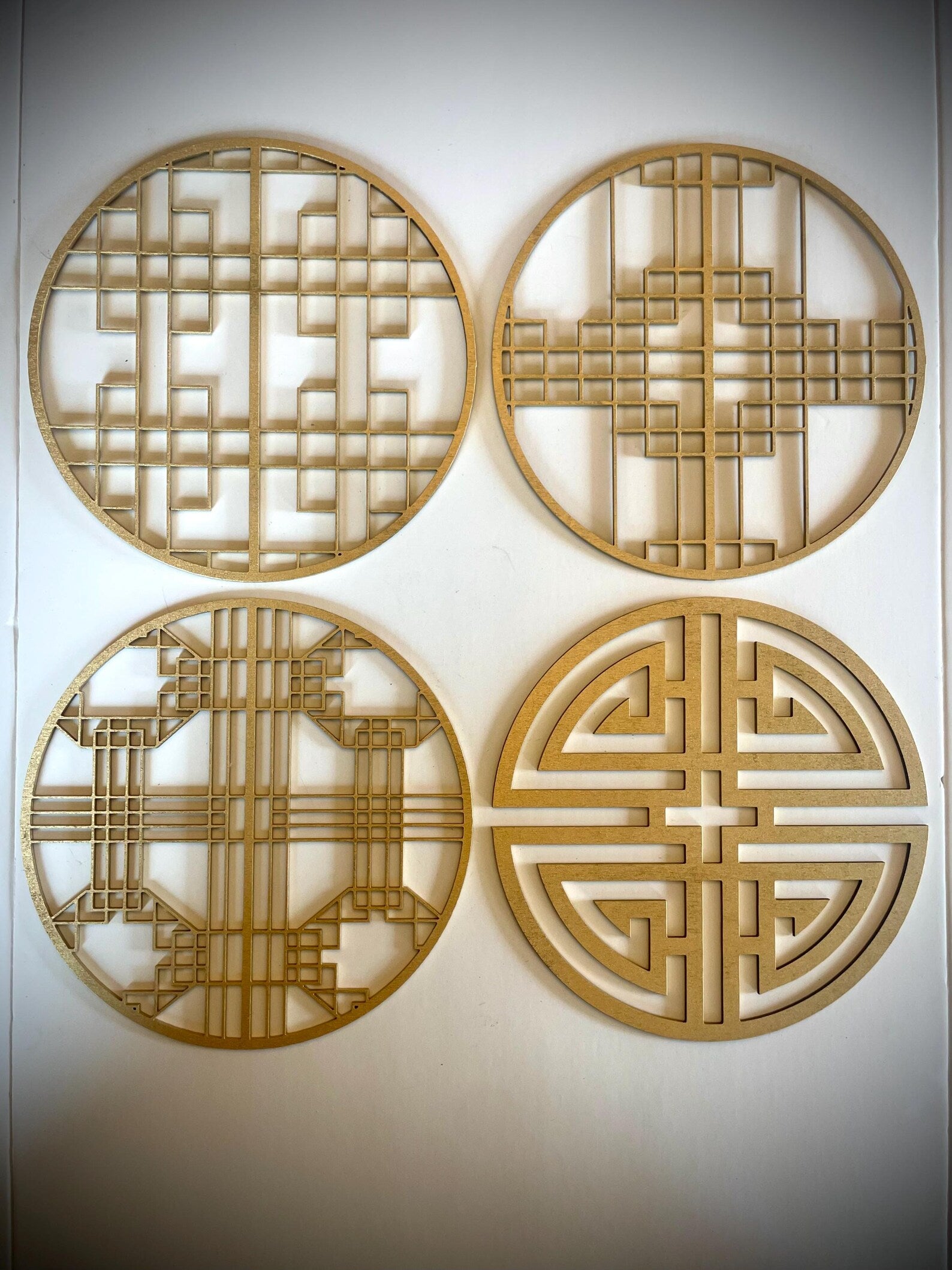 Boho Modern Frank Lloyd Wright-Inspired Chinese Symbols Circles 4-Panel Wood Wall Art