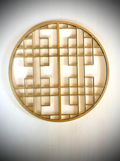 Boho Modern Frank Lloyd Wright-Inspired Chinese Symbols Circles 4-Panel Wood Wall Art