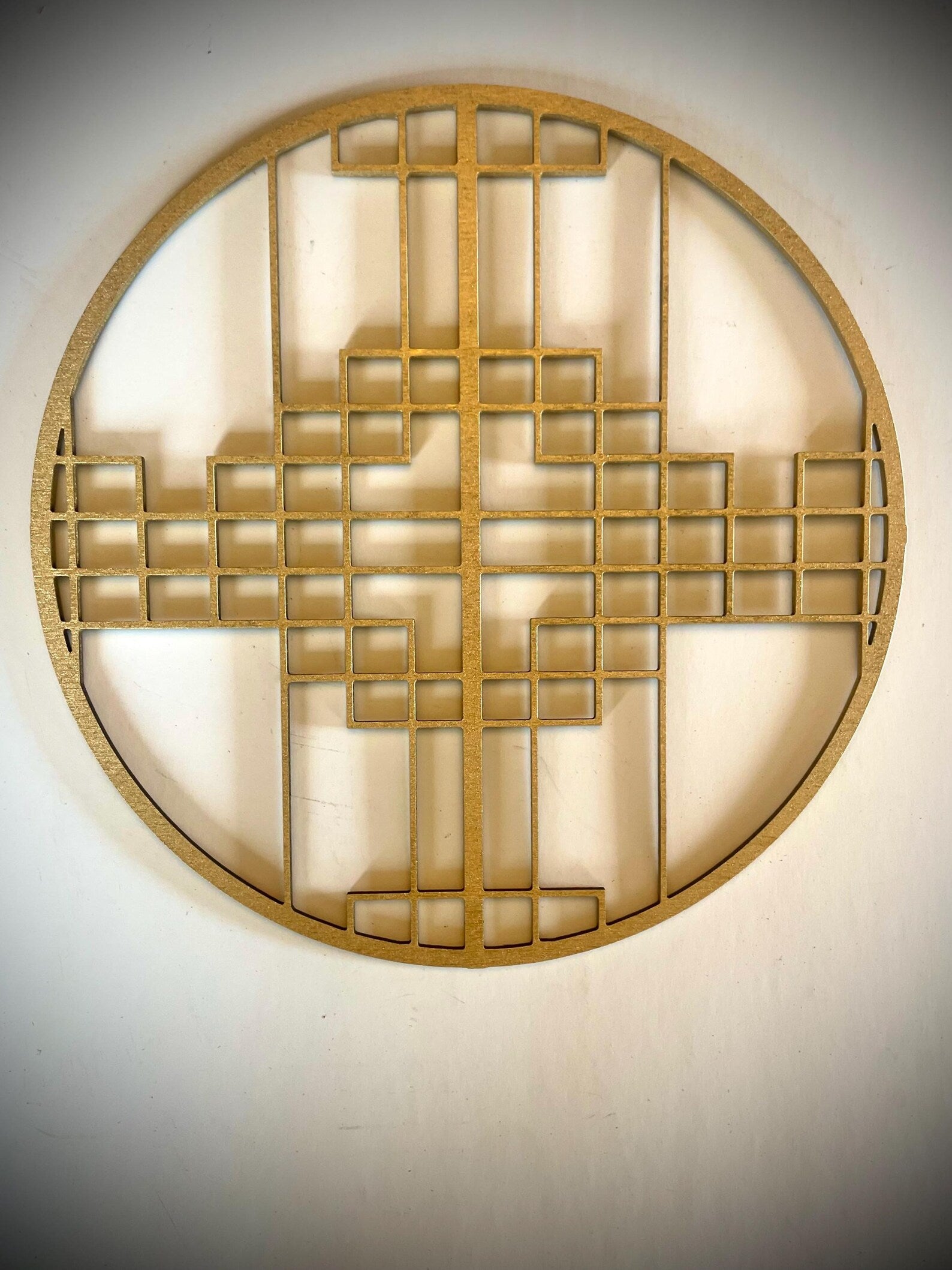 Boho Modern Frank Lloyd Wright-Inspired Chinese Symbols Circles 4-Panel Wood Wall Art